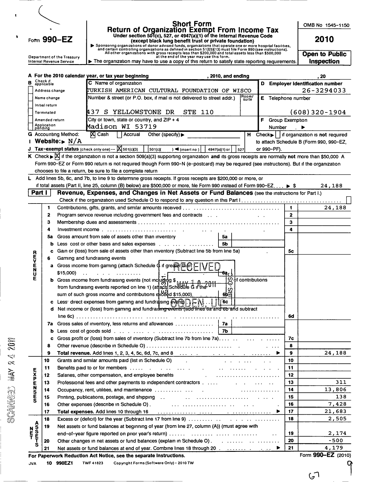 Image of first page of 2010 Form 990EZ for Turkish-American Cultural Foundation of Wisconsin