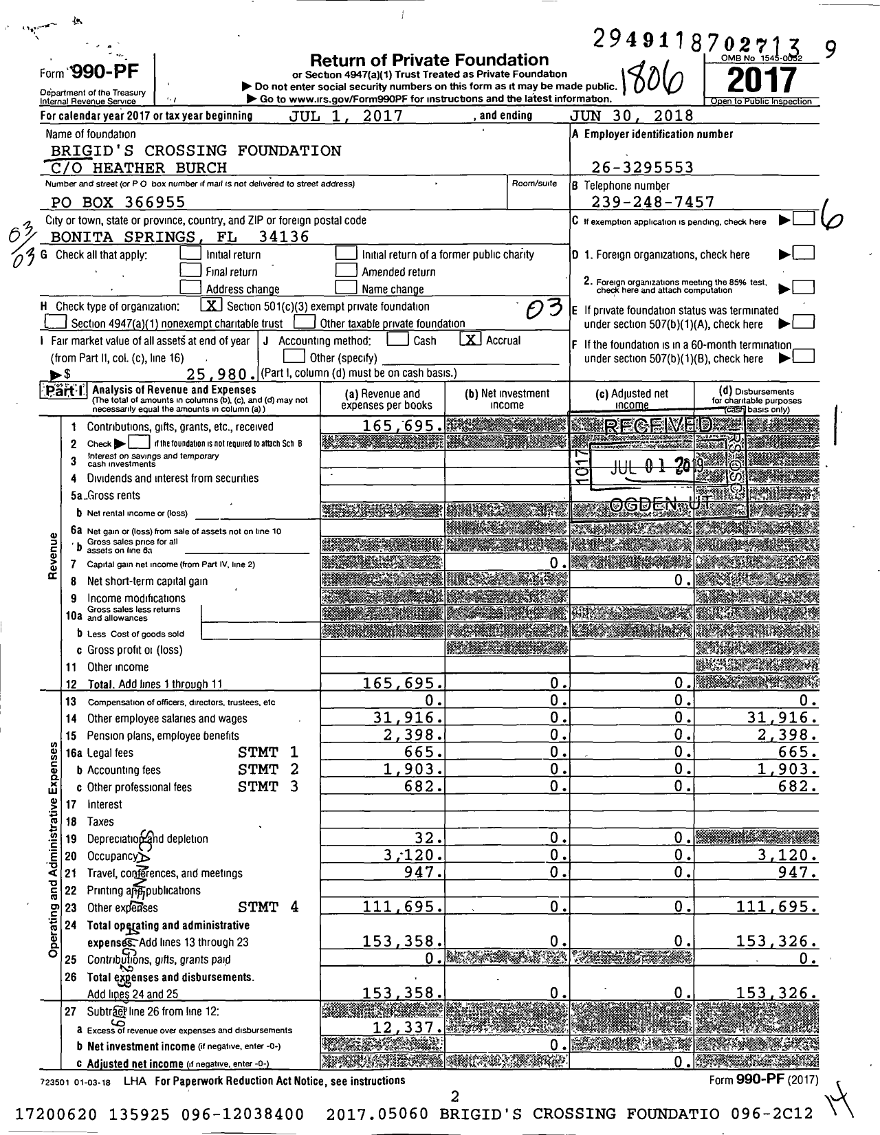 Image of first page of 2017 Form 990PF for Brigid's Crossing Foundation