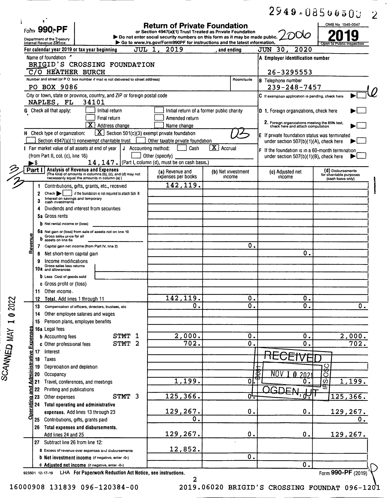 Image of first page of 2019 Form 990PF for Brigid's Crossing Foundation