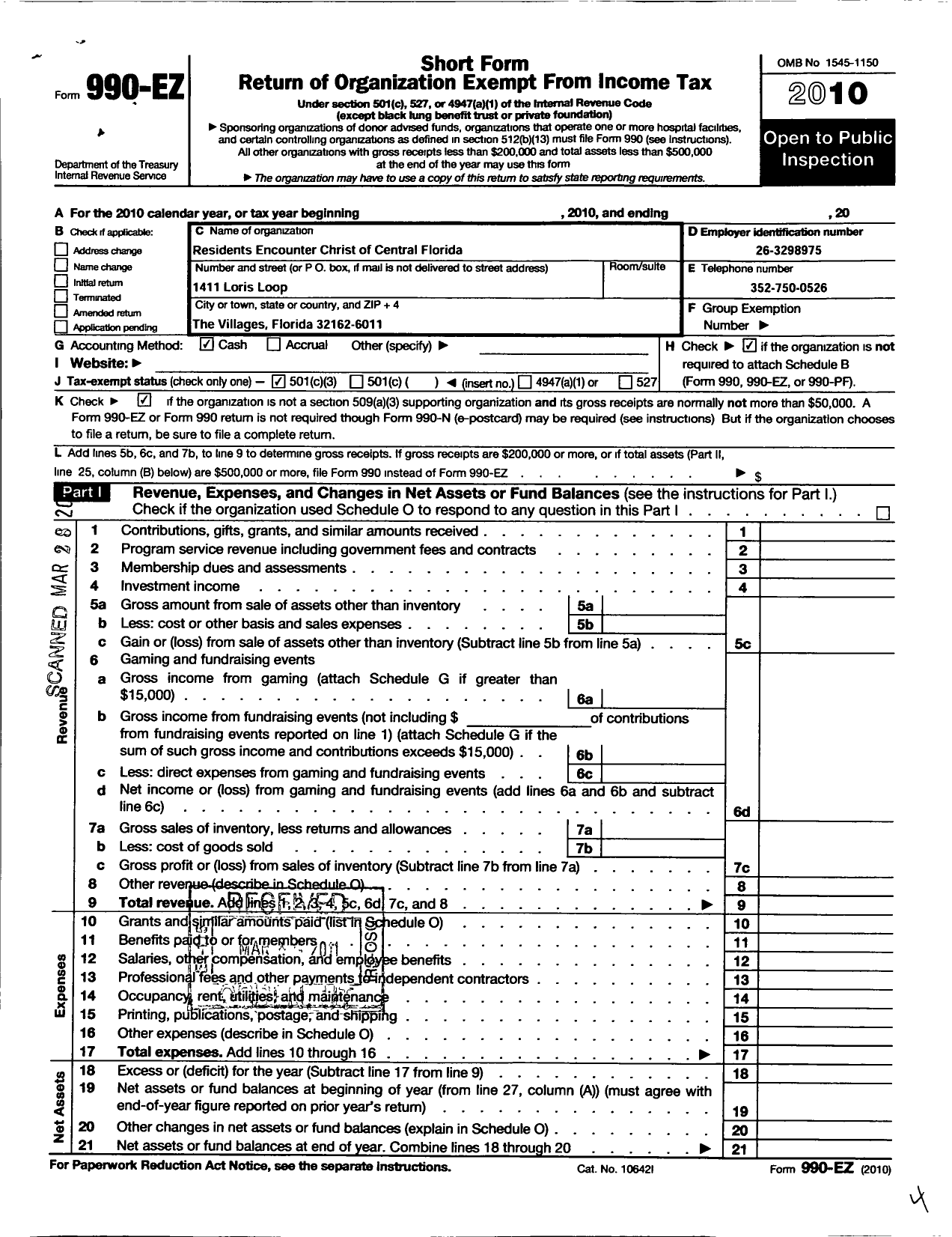 Image of first page of 2010 Form 990EZ for Residents Encounter Christ of Florida