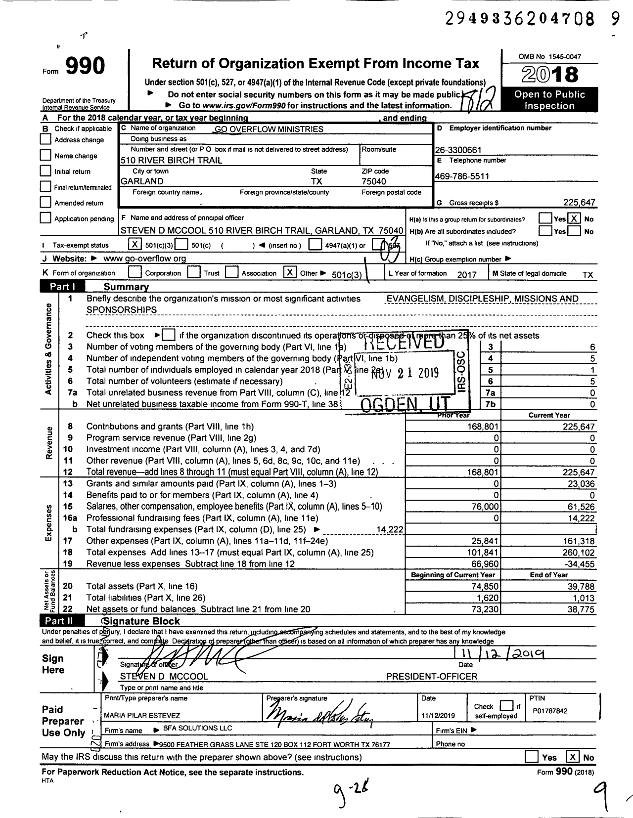 Image of first page of 2018 Form 990 for Go Overflow Ministries