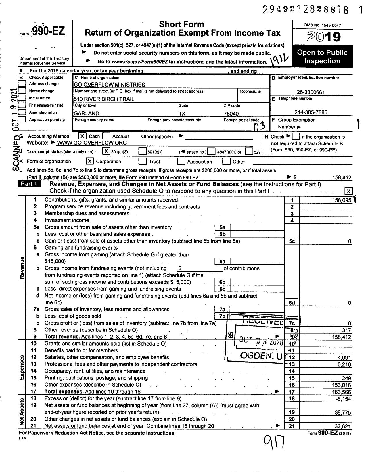 Image of first page of 2019 Form 990EZ for Go Overflow Ministries