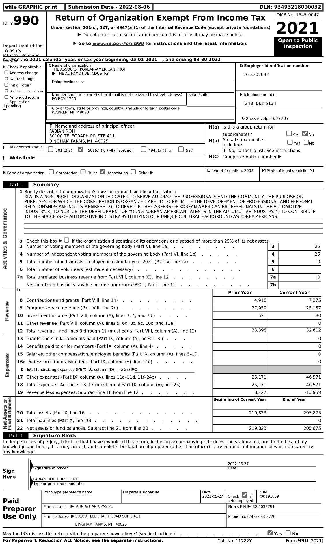 Image of first page of 2021 Form 990 for The Association of Korean-American Prof in the Automotive Industry