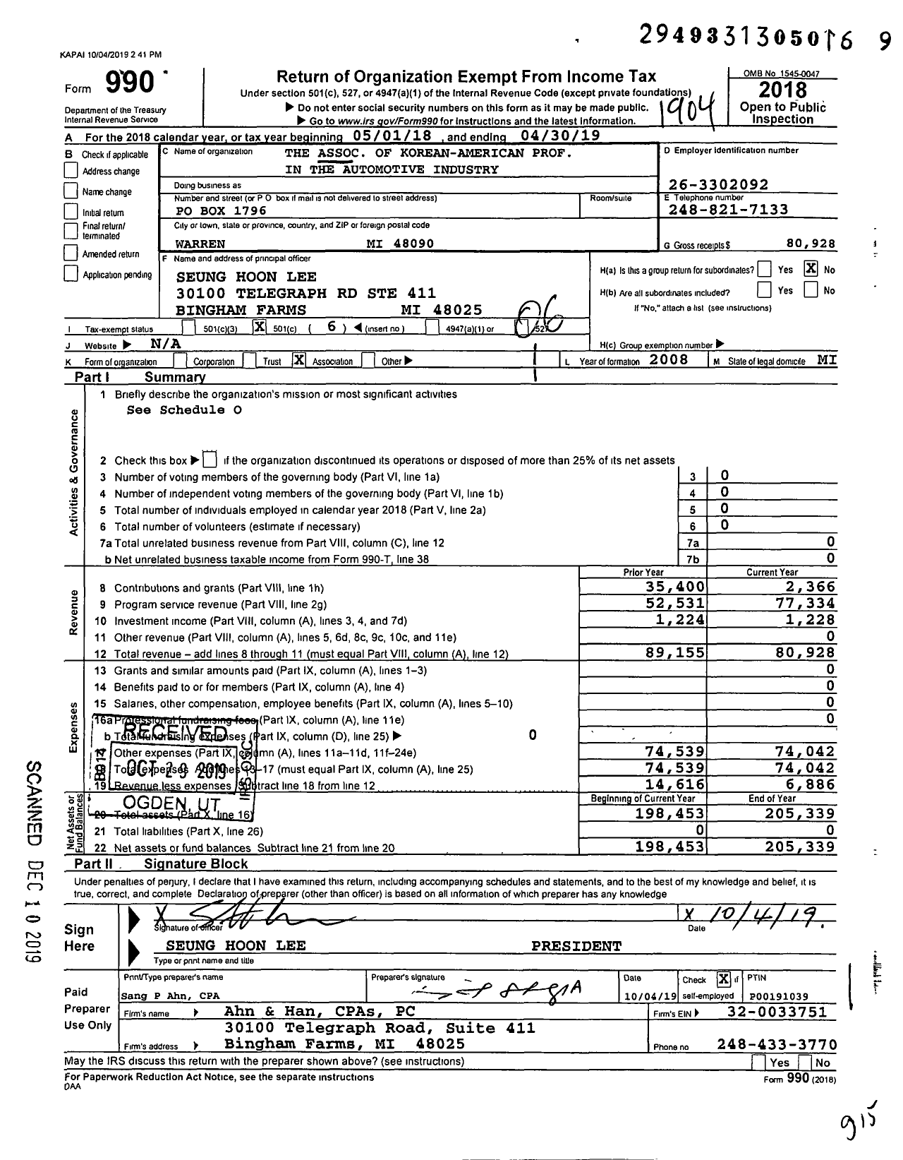 Image of first page of 2018 Form 990O for The Association of Korean-American Prof in the Automotive Industry