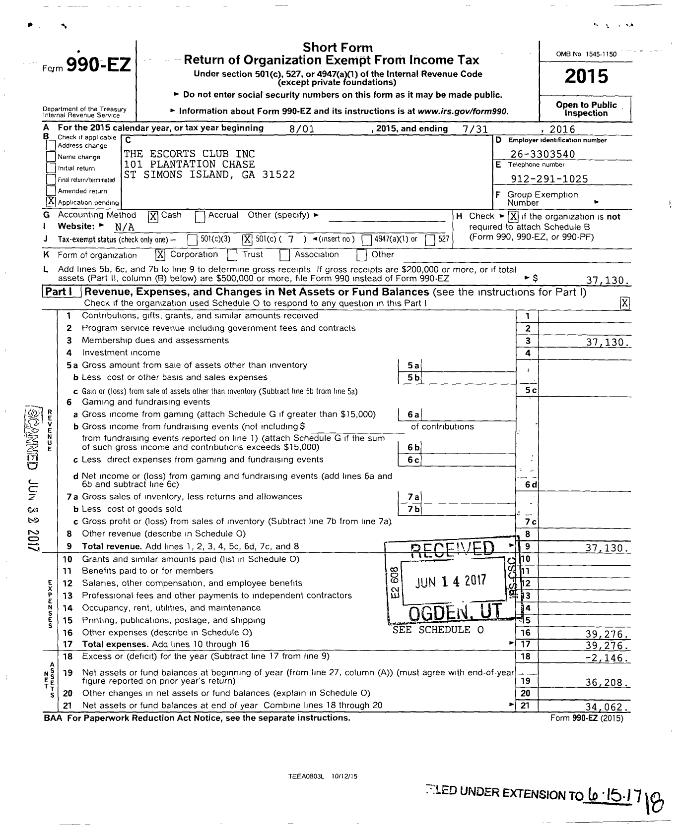 Image of first page of 2015 Form 990EO for The Escorts Club