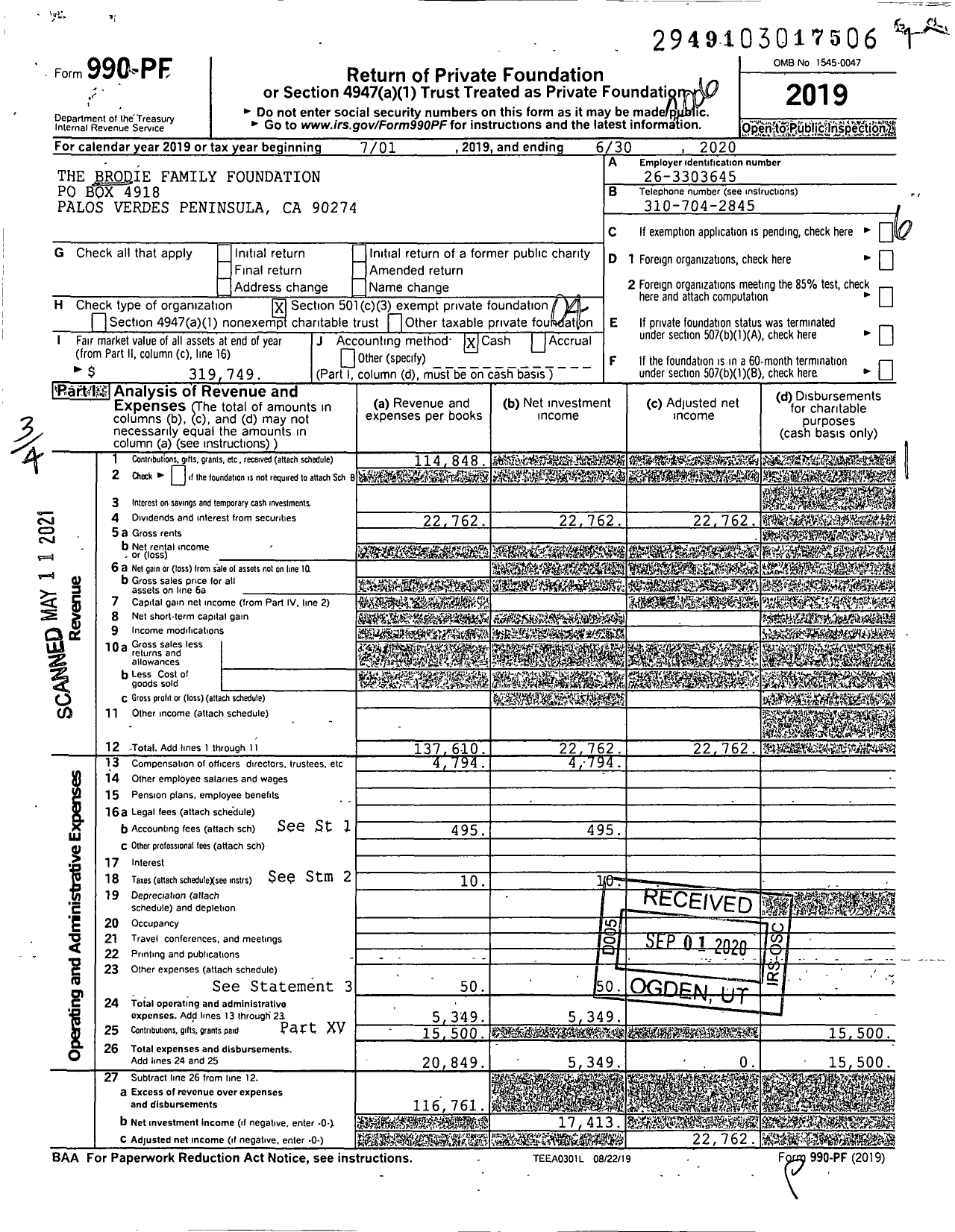 Image of first page of 2019 Form 990PF for The Brodie Family Foundation