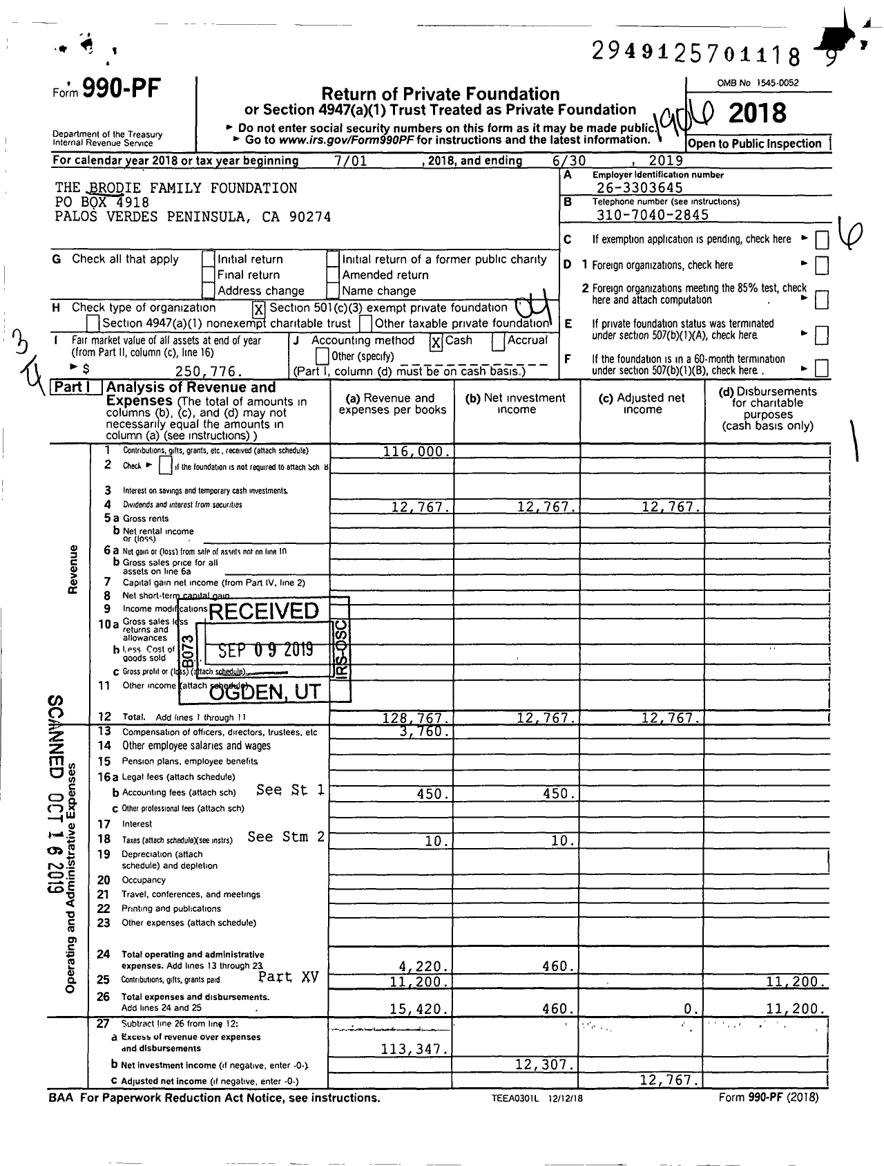 Image of first page of 2018 Form 990PF for The Brodie Family Foundation