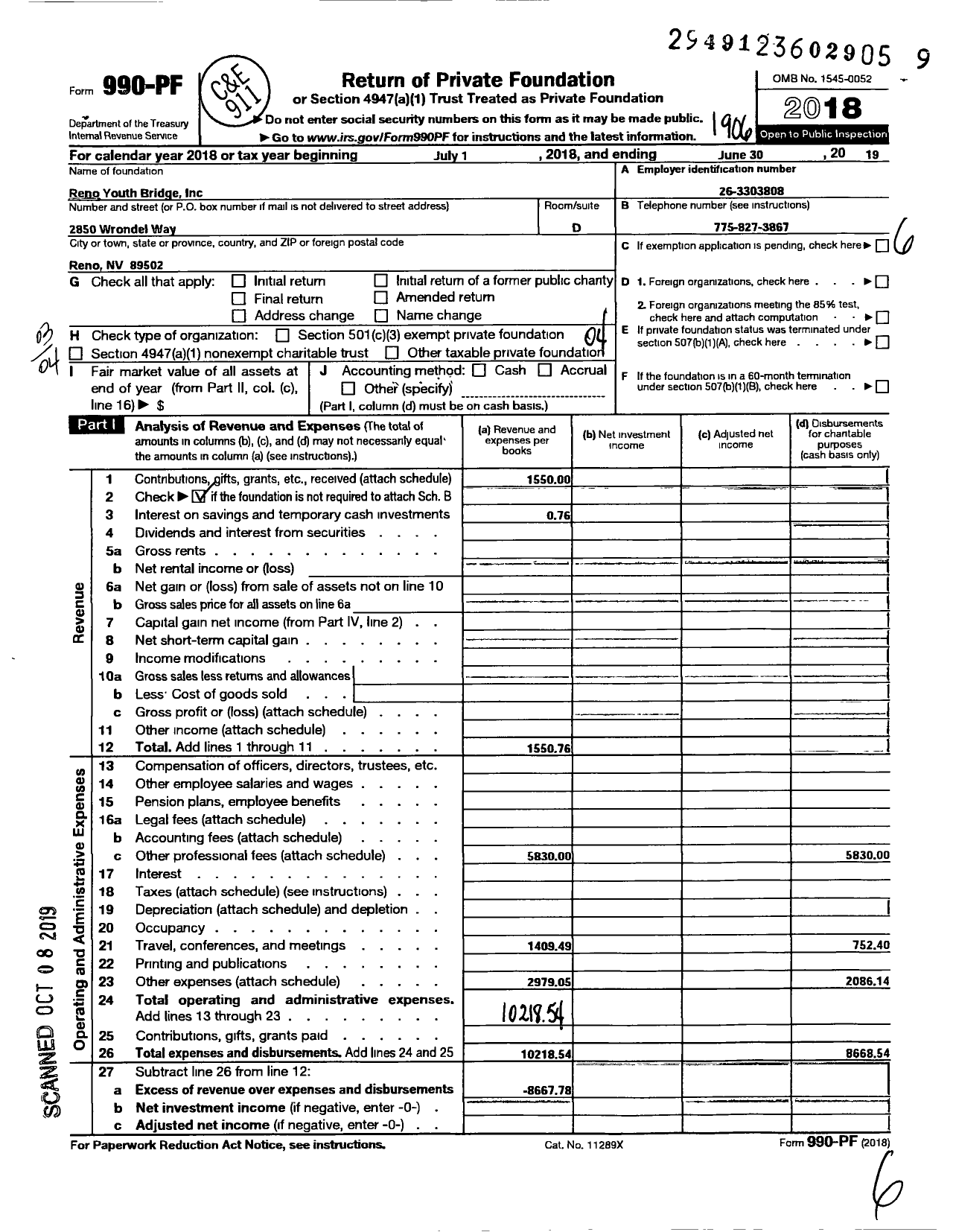 Image of first page of 2018 Form 990PF for Reno Youth Bridge