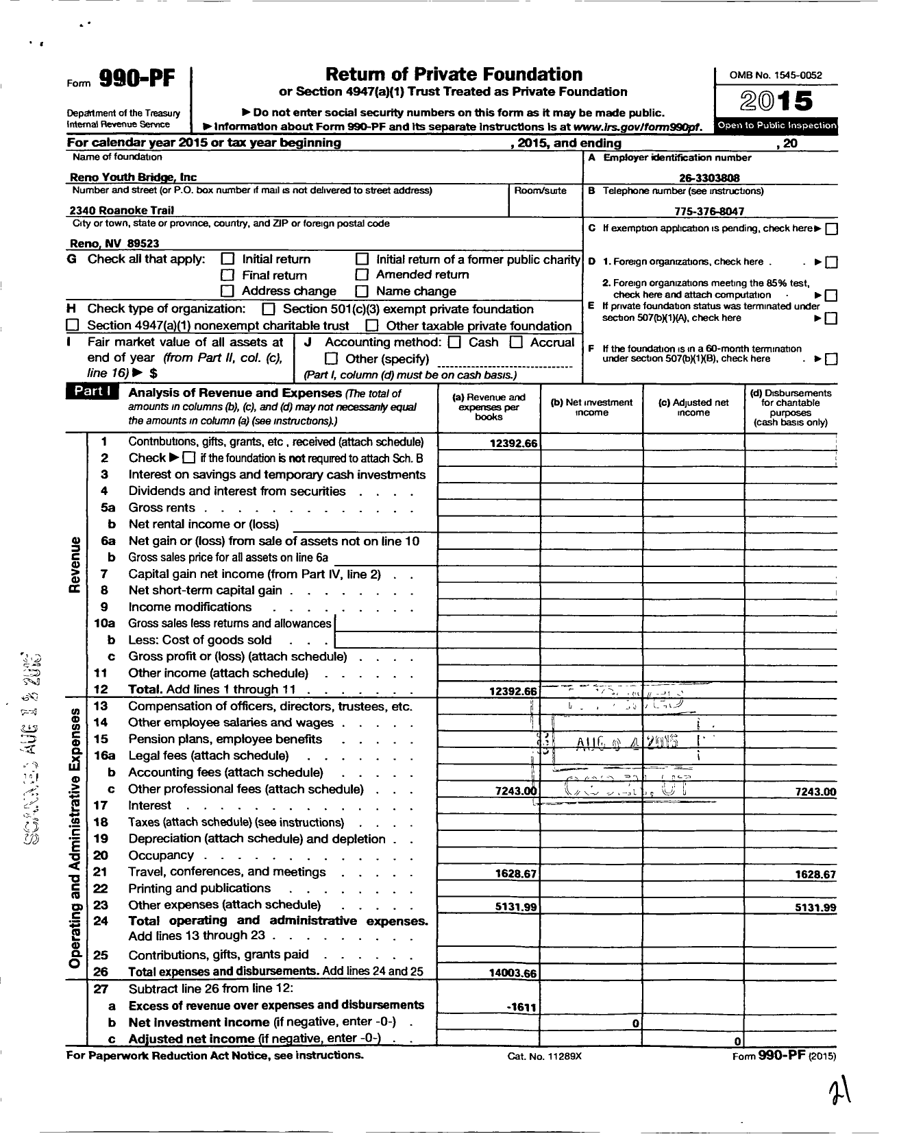 Image of first page of 2015 Form 990PF for Reno Youth Bridge