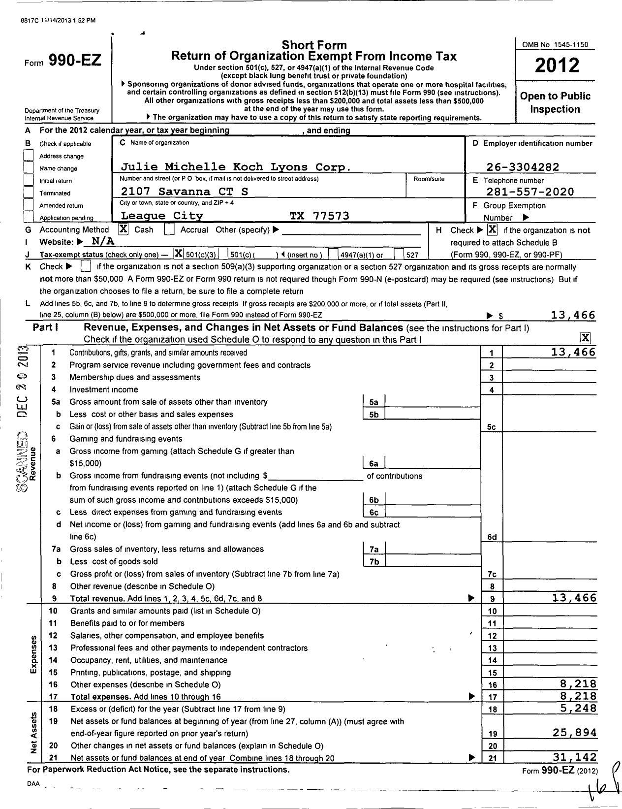 Image of first page of 2012 Form 990EZ for Julie Michelle Koch Lyons Corporation