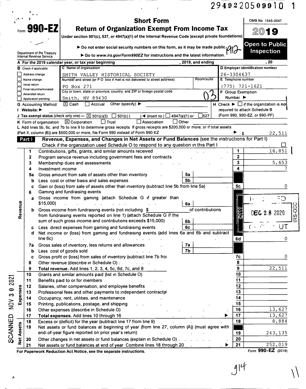 Image of first page of 2019 Form 990EZ for Smith Valley Historical Society