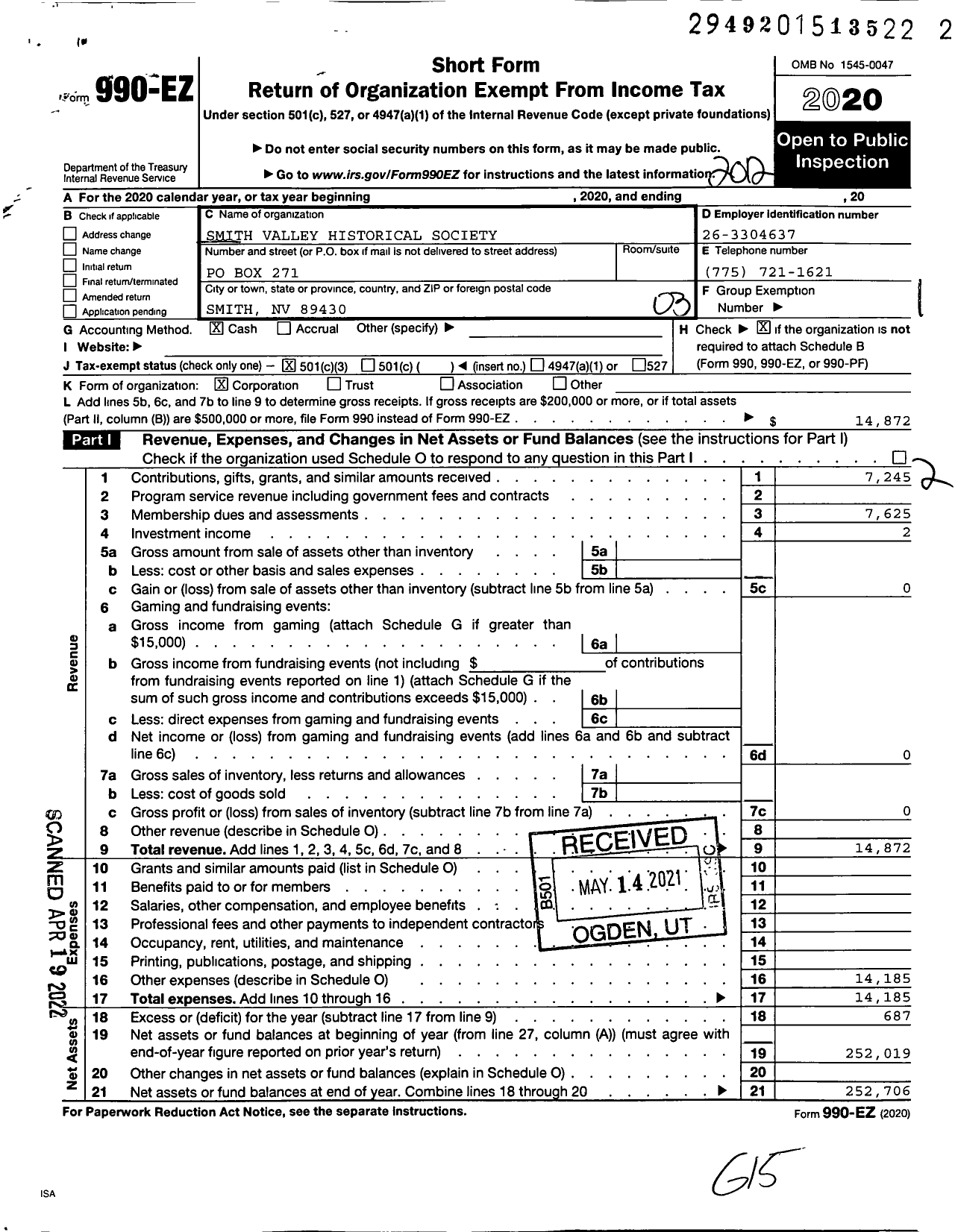 Image of first page of 2020 Form 990EZ for Smith Valley Historical Society