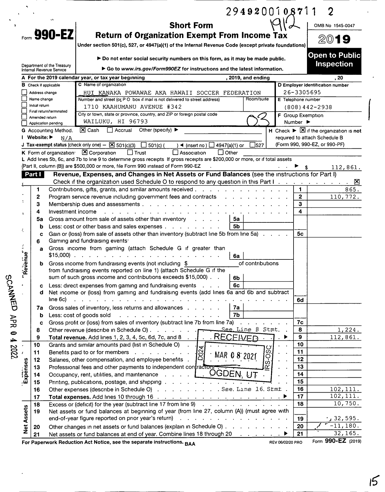 Image of first page of 2019 Form 990EZ for Hui Kanaka Powawae