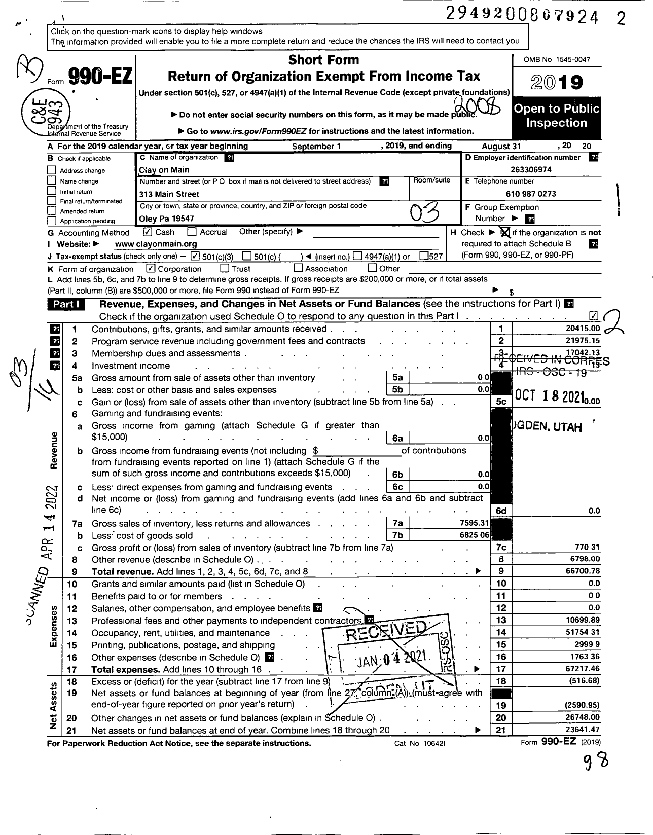 Image of first page of 2019 Form 990EZ for Clay on Main