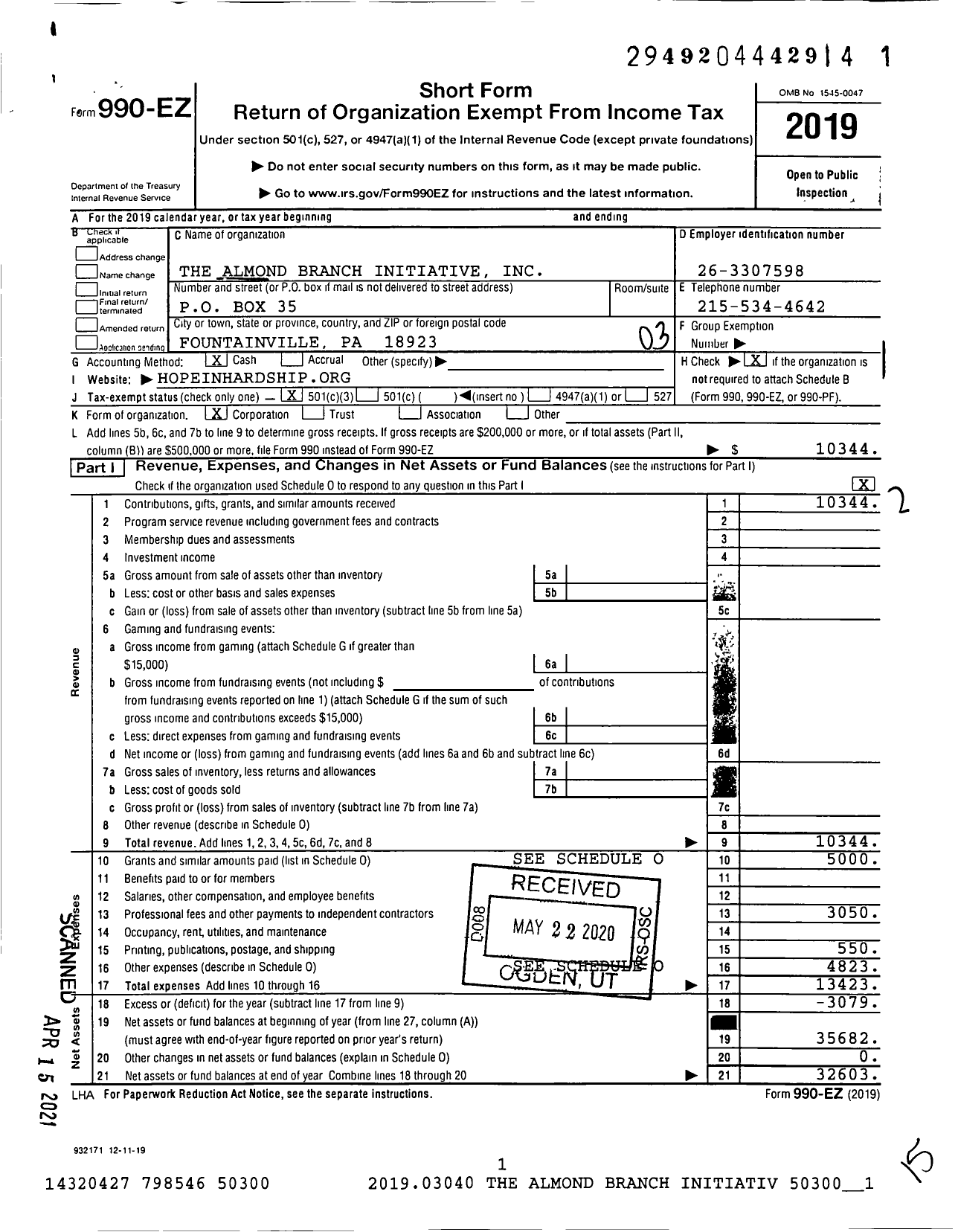 Image of first page of 2019 Form 990EZ for The Almond Branch Initiative