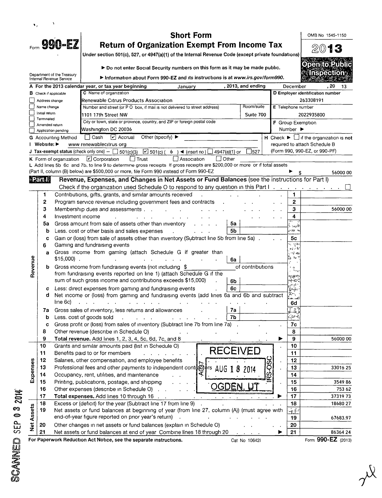 Image of first page of 2013 Form 990EO for Renewable Citrus Products Association