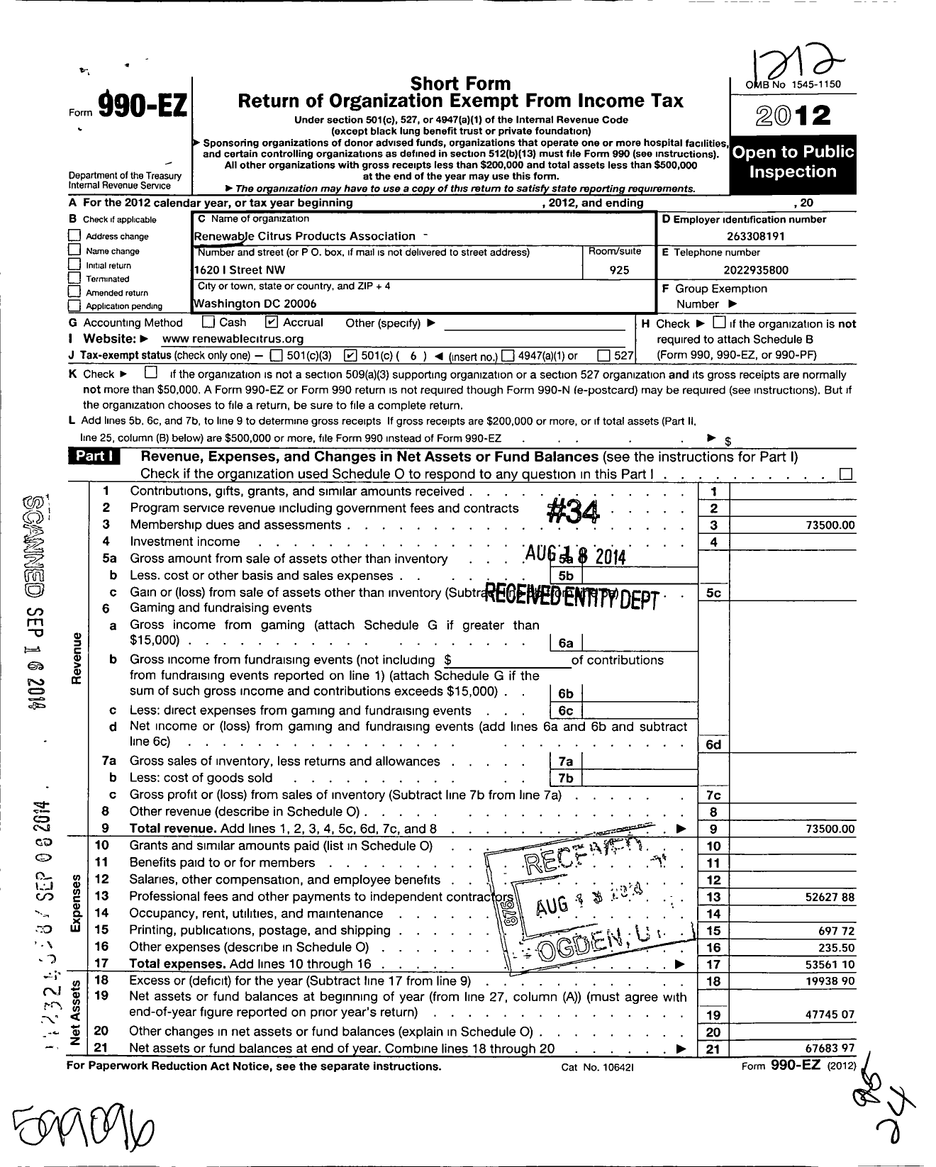 Image of first page of 2012 Form 990EO for Renewable Citrus Products Association