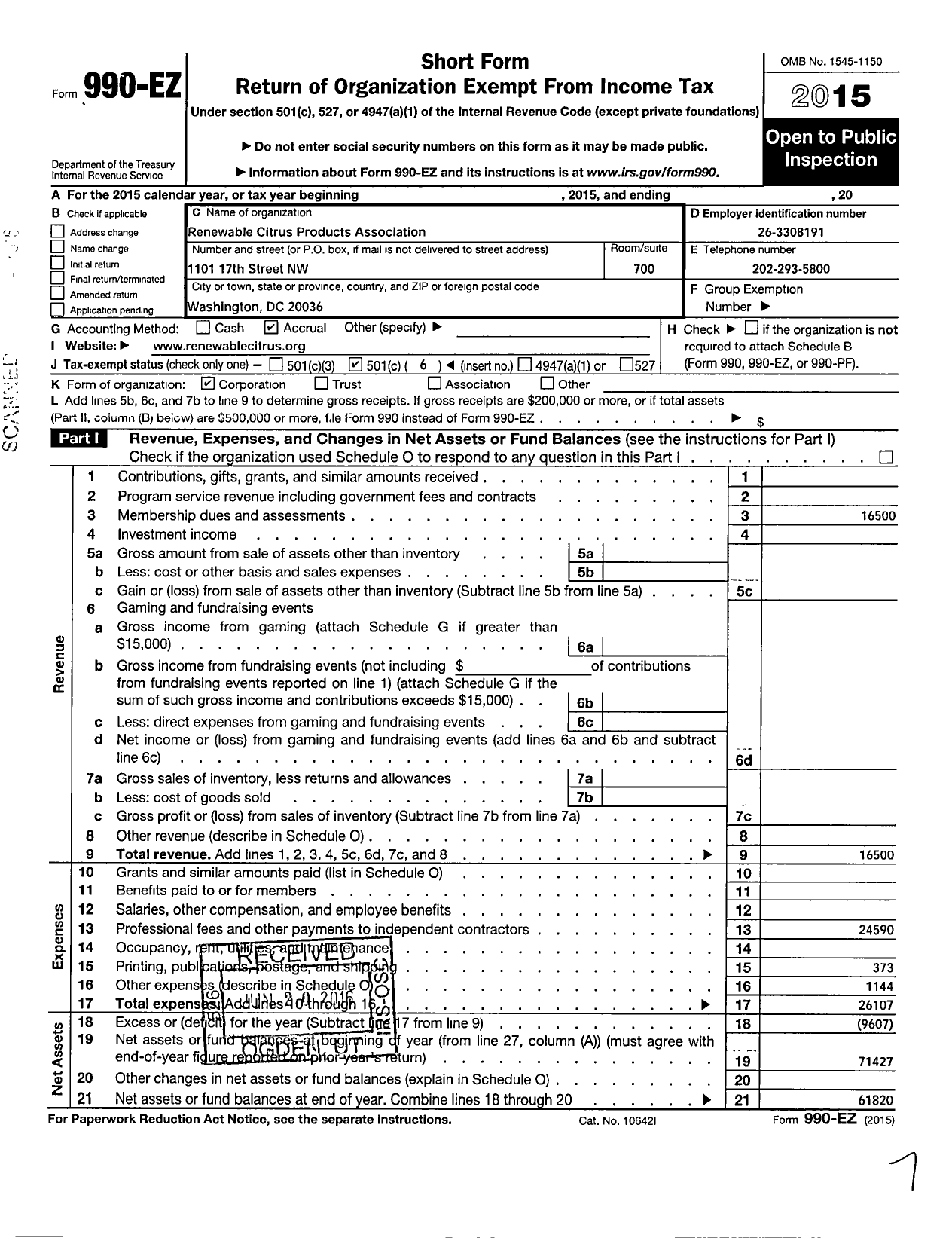 Image of first page of 2015 Form 990EO for Renewable Citrus Products Association