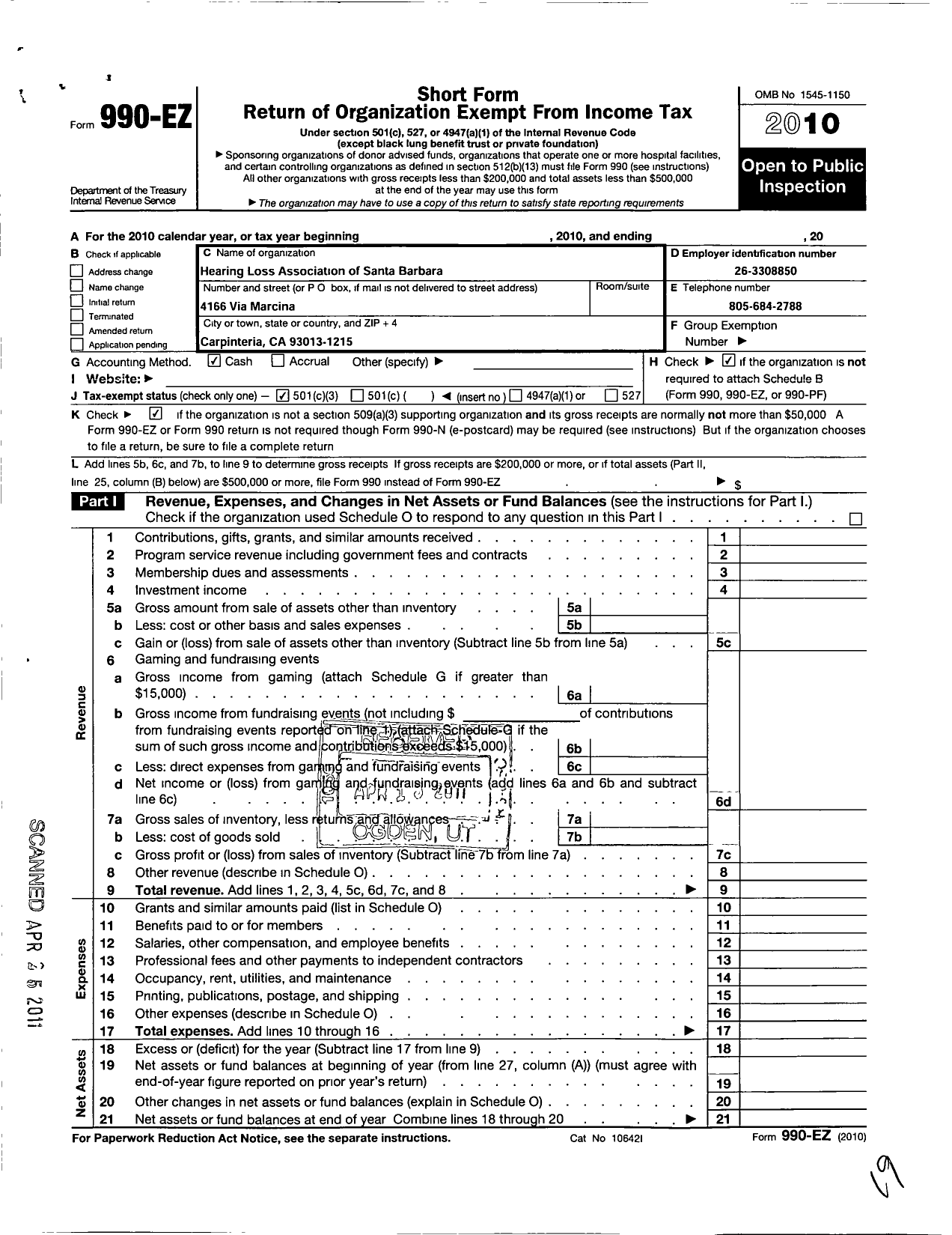 Image of first page of 2010 Form 990EZ for Hearing Loss Association of America / Santa Barbara Chapter