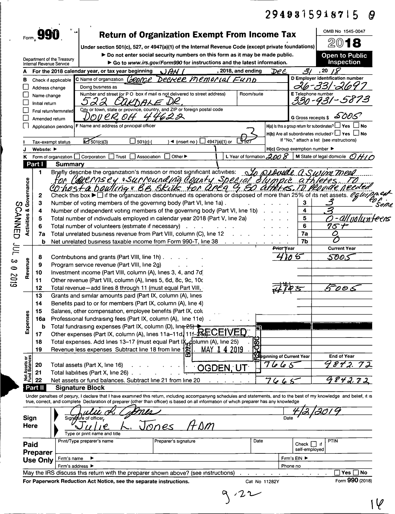 Image of first page of 2018 Form 990 for George Decker Memorial Fund