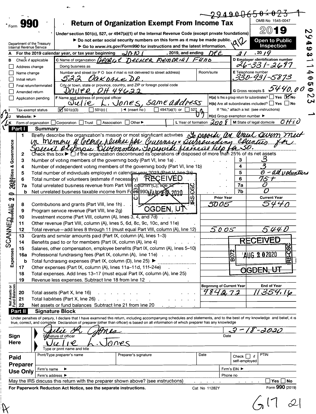 Image of first page of 2019 Form 990 for George Decker Memorial Fund