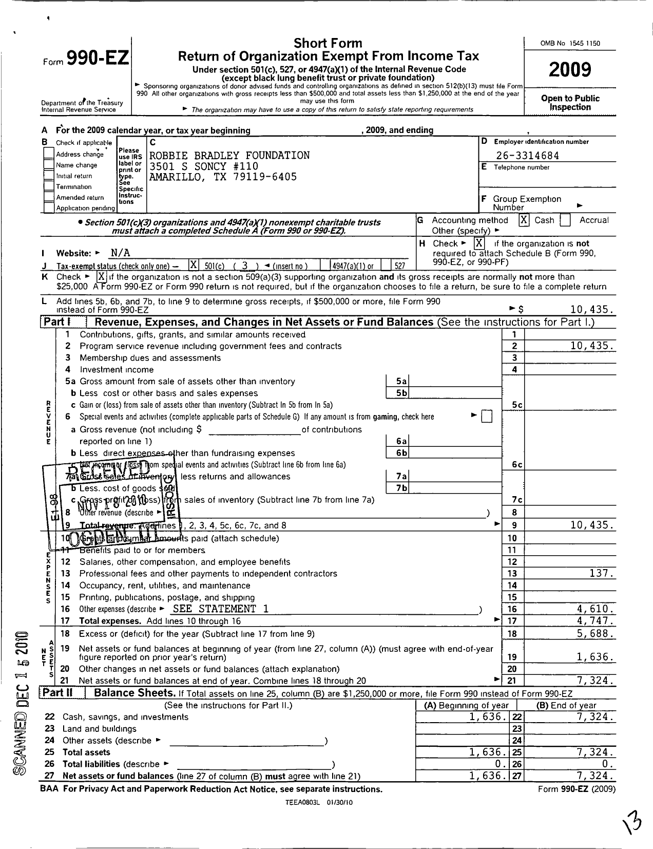 Image of first page of 2009 Form 990EZ for Robbie Bradley Foundation