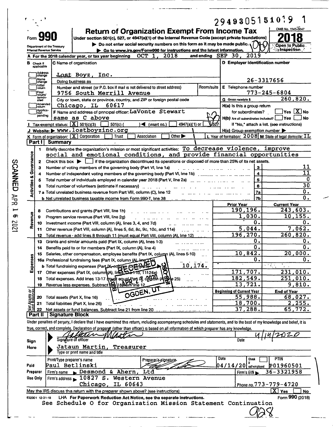 Image of first page of 2018 Form 990 for Lost Boyz