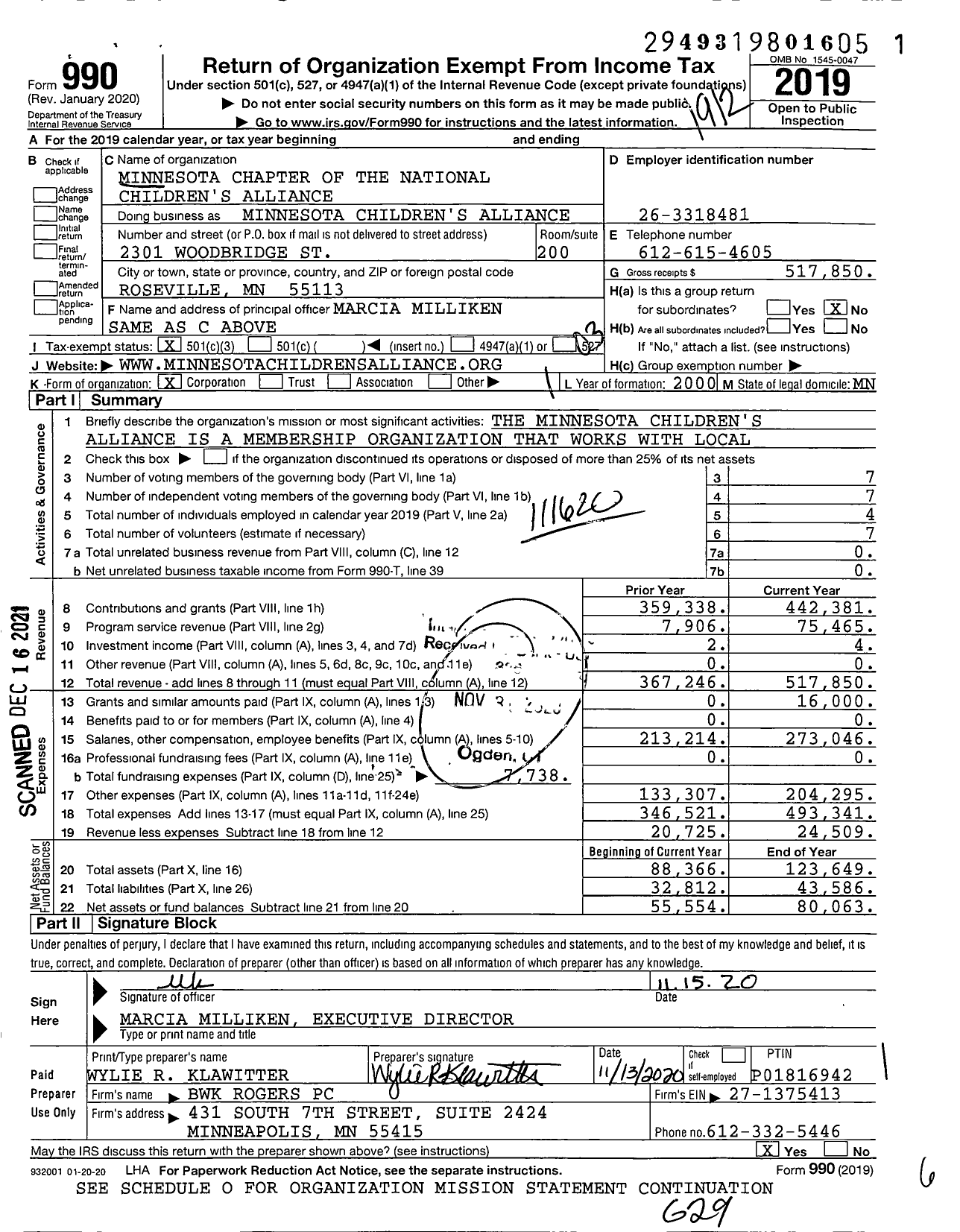 Image of first page of 2019 Form 990 for Minnesota Children's Alliance