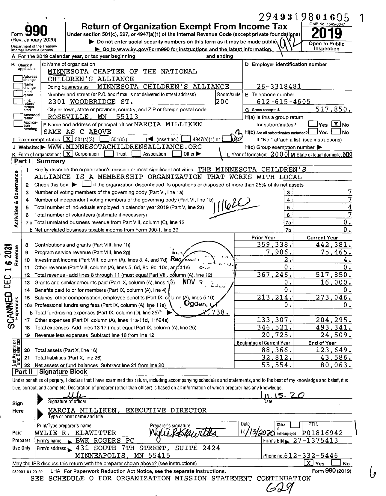 Image of first page of 2019 Form 990 for Minnesota Childrens Alliance