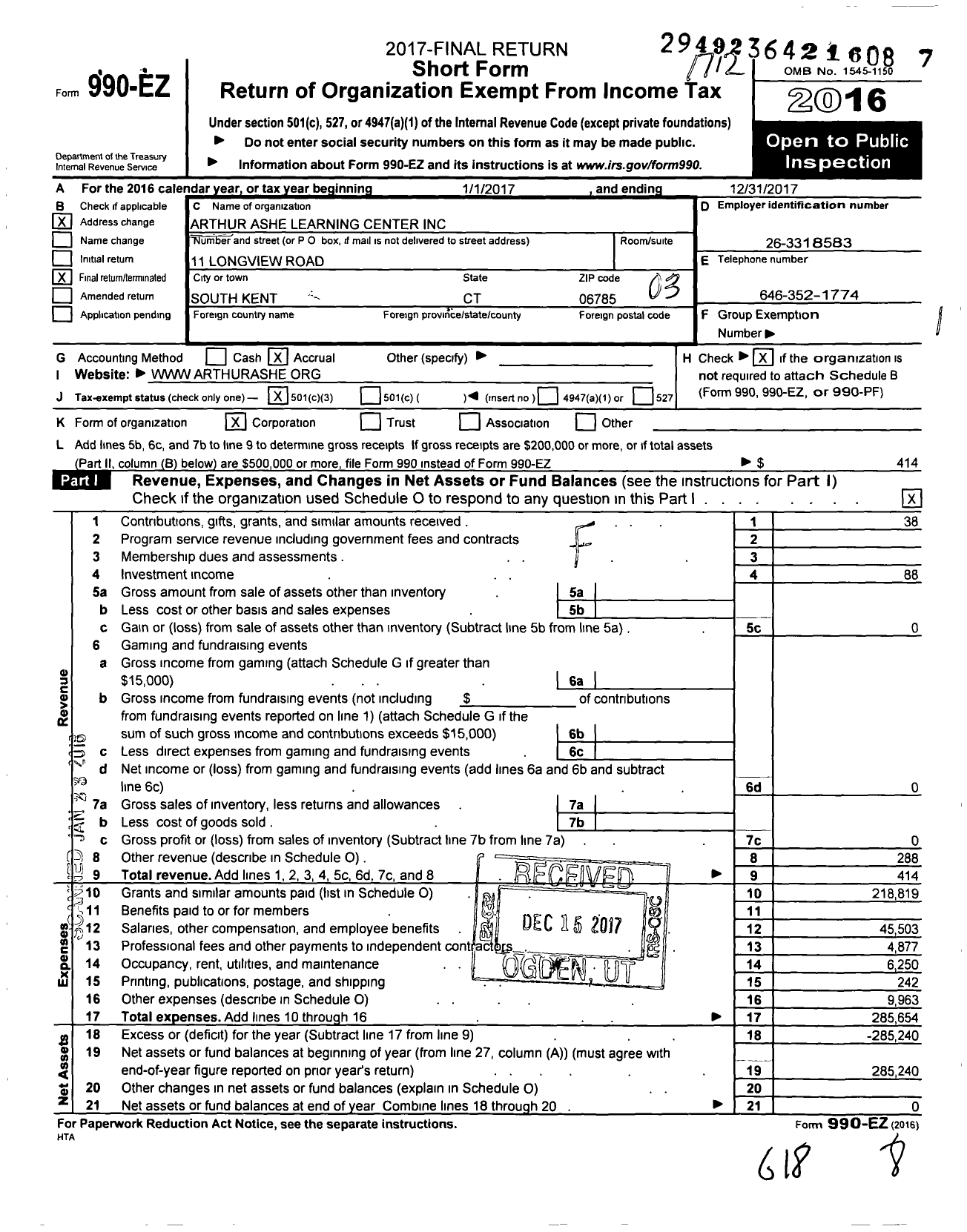 Image of first page of 2017 Form 990EZ for Arthur Ashe Learning Center (AALC)