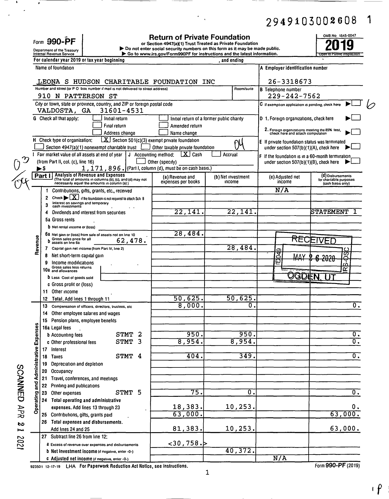 Image of first page of 2019 Form 990PF for Leona S Hudson Charitable Foundation