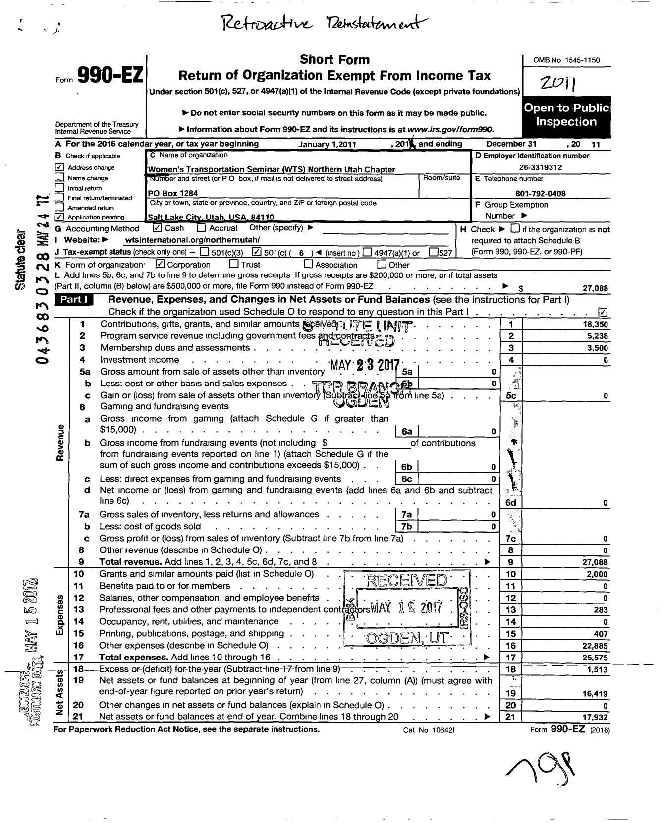 Image of first page of 2011 Form 990EO for Womens Transportation Seminar / Northern Utah Chapter