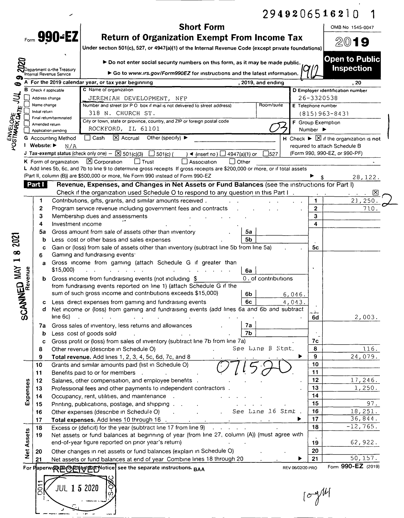 Image of first page of 2019 Form 990EZ for Jeremiah Development NFP
