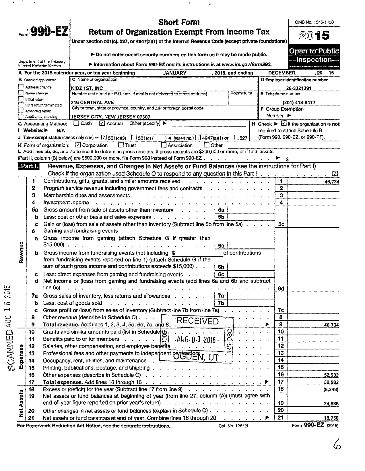 Image of first page of 2015 Form 990EZ for Kidz 1st