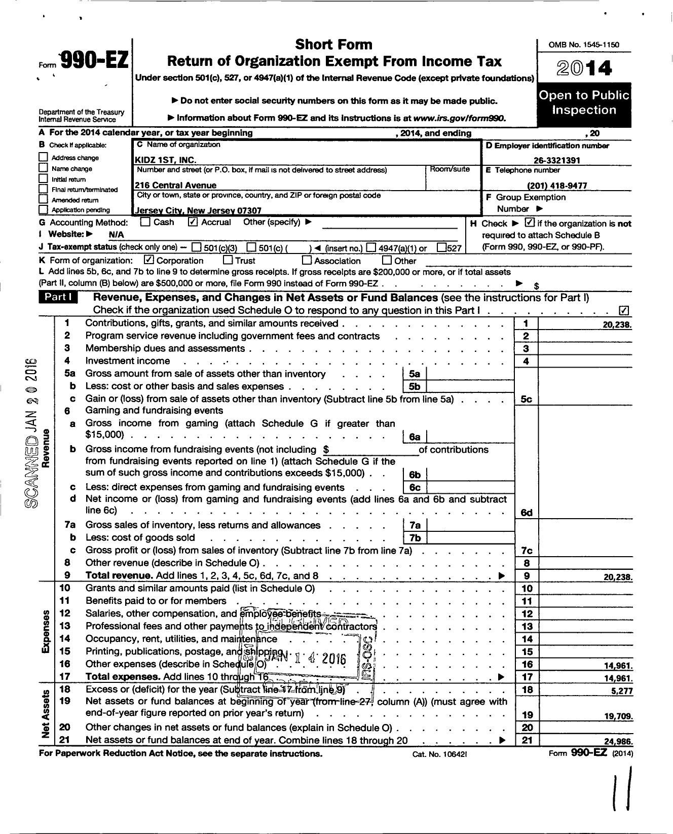 Image of first page of 2014 Form 990EO for Kidz 1st