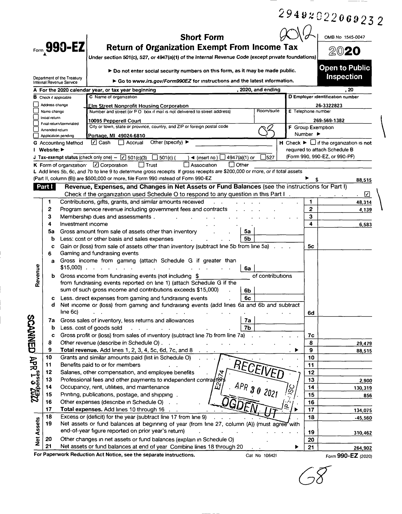 Image of first page of 2020 Form 990EZ for Elm Street Nonprofit Housing Corporation