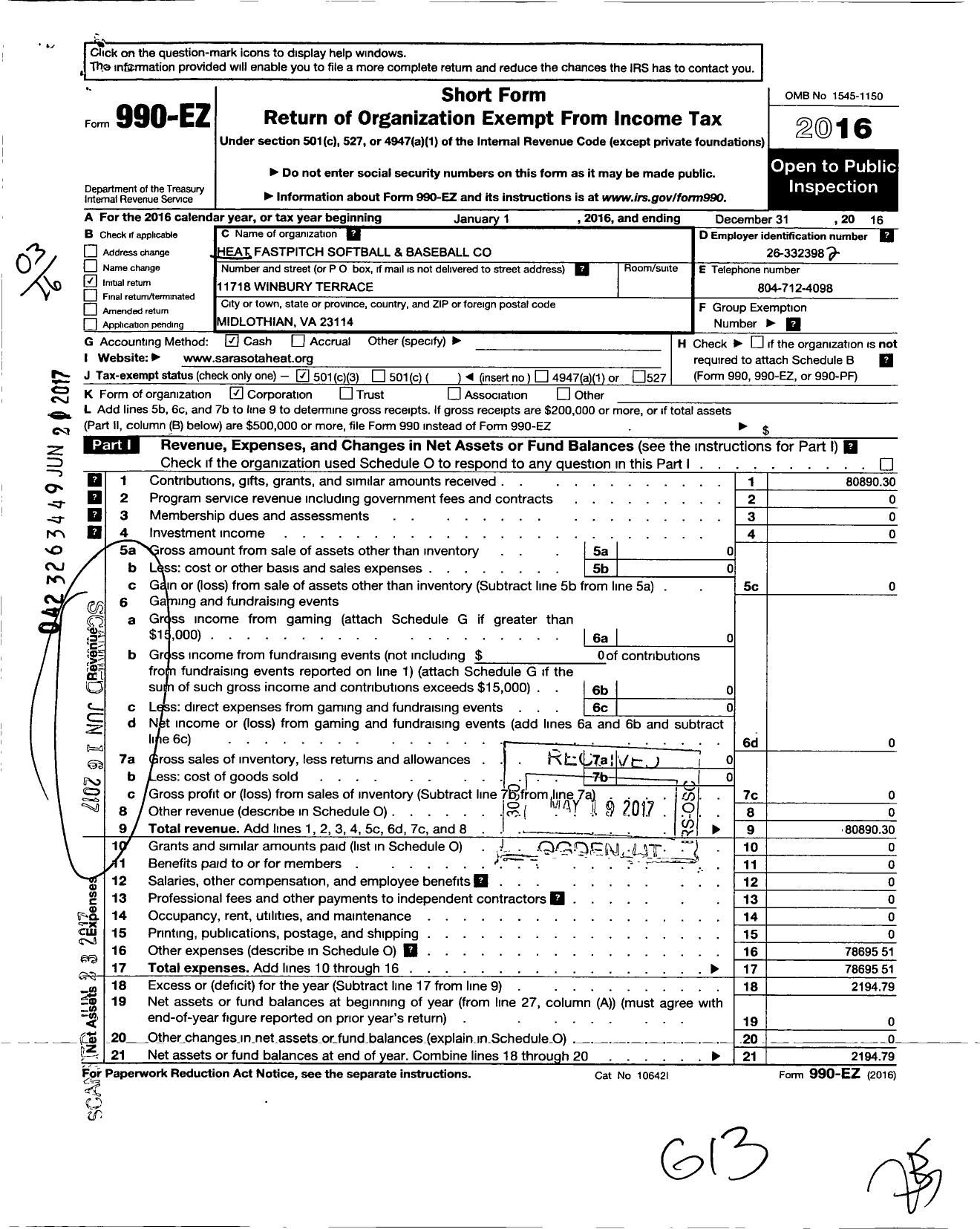 Image of first page of 2016 Form 990EZ for Heat Fastpitch Softball and Baseball Company