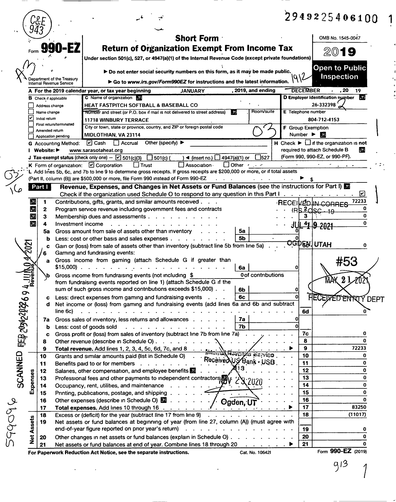 Image of first page of 2019 Form 990EZ for Heat Fastpitch Softball and Baseball Company