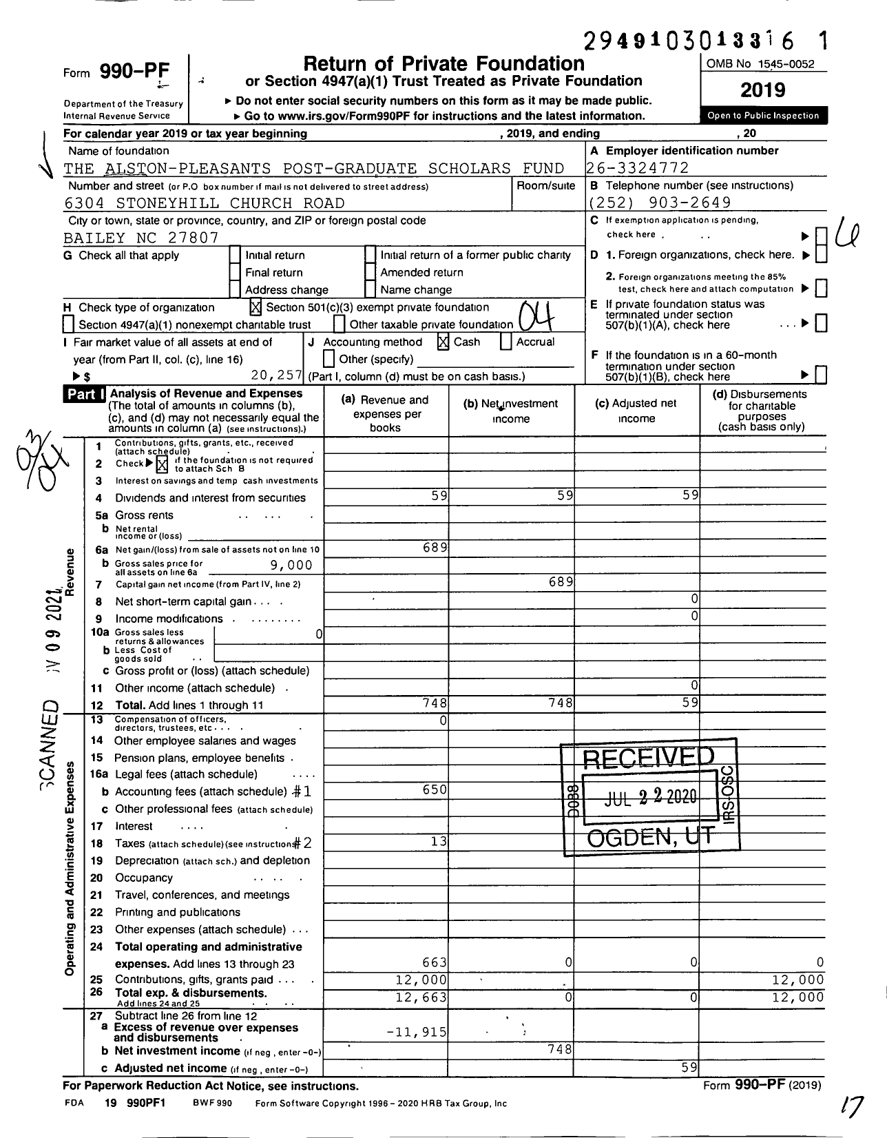 Image of first page of 2019 Form 990PF for The Alston-Pleasants Post-Graduate Scholars Fund