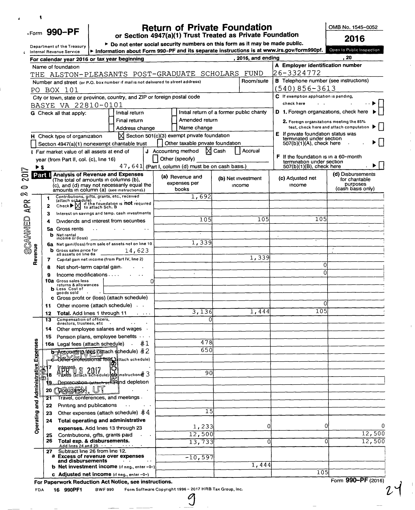 Image of first page of 2016 Form 990PF for The Alston-Pleasants Post-Graduate Scholars Fund