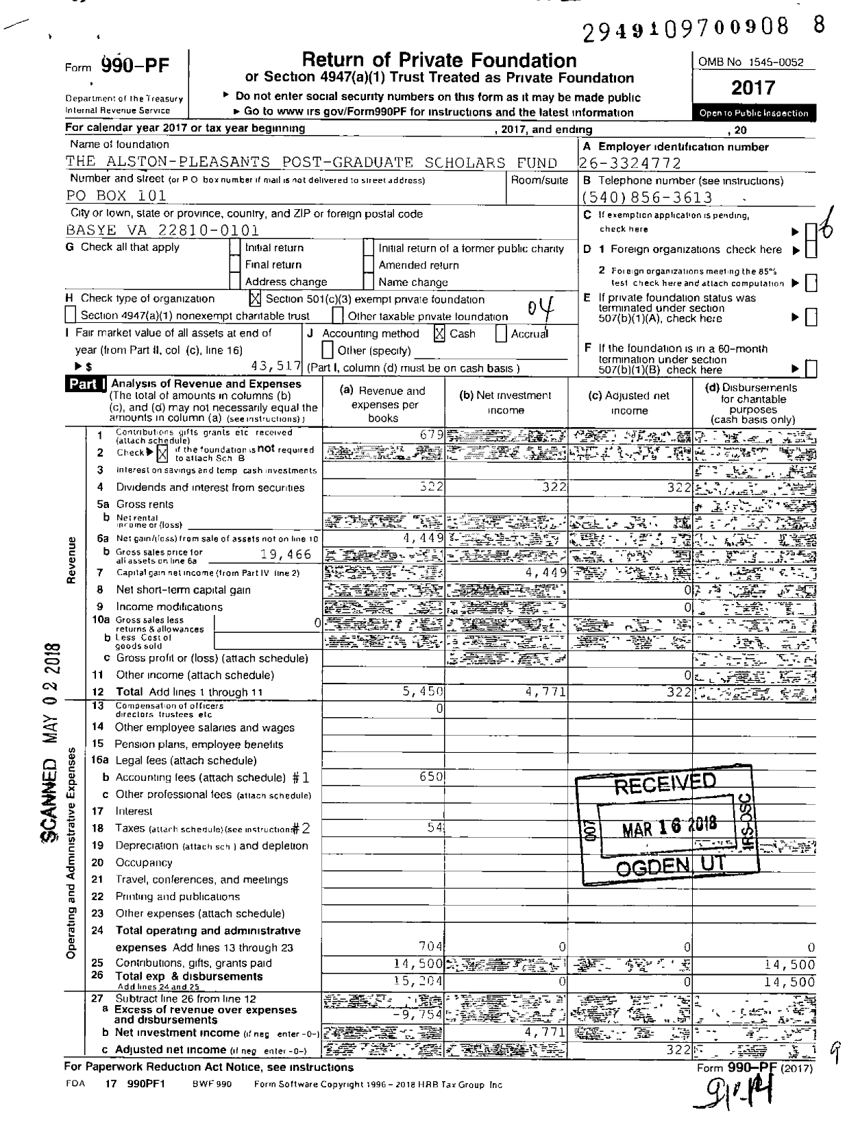 Image of first page of 2017 Form 990PF for The Alston-Pleasants Post-Graduate Scholars Fund