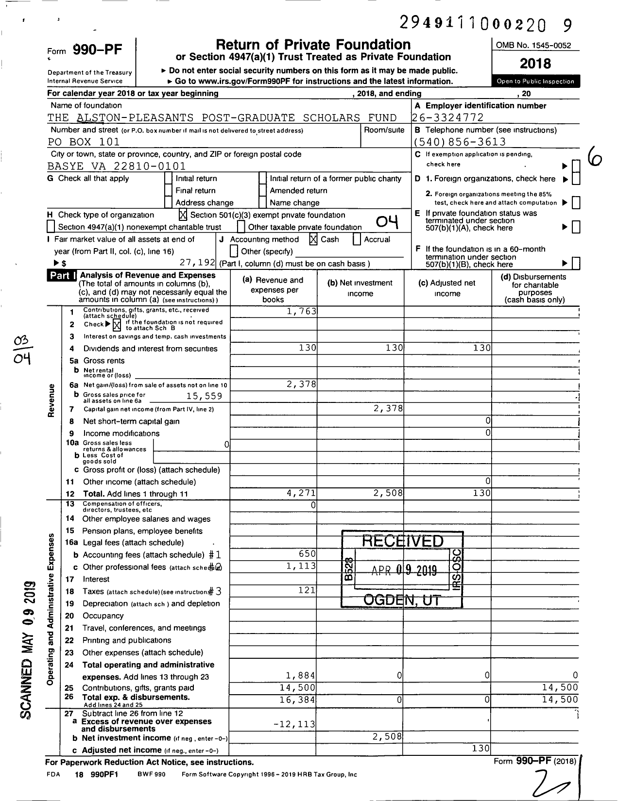 Image of first page of 2018 Form 990PF for The Alston-Pleasants Post-Graduate Scholars Fund