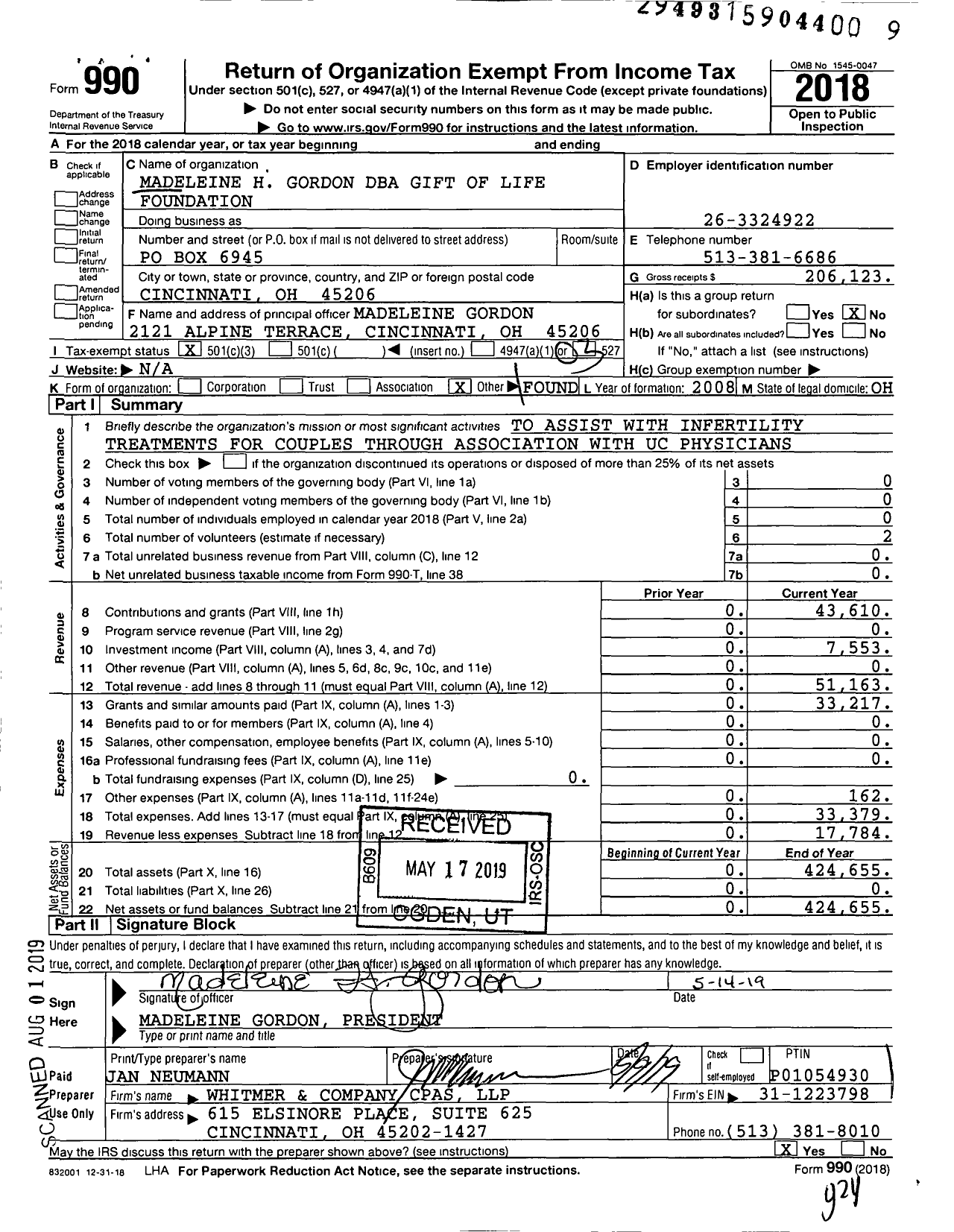 Image of first page of 2018 Form 990 for Gift of Life Foundation