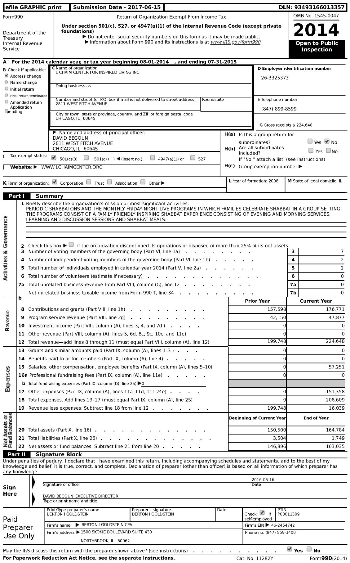 Image of first page of 2014 Form 990 for L Chaim Center for Inspired Living