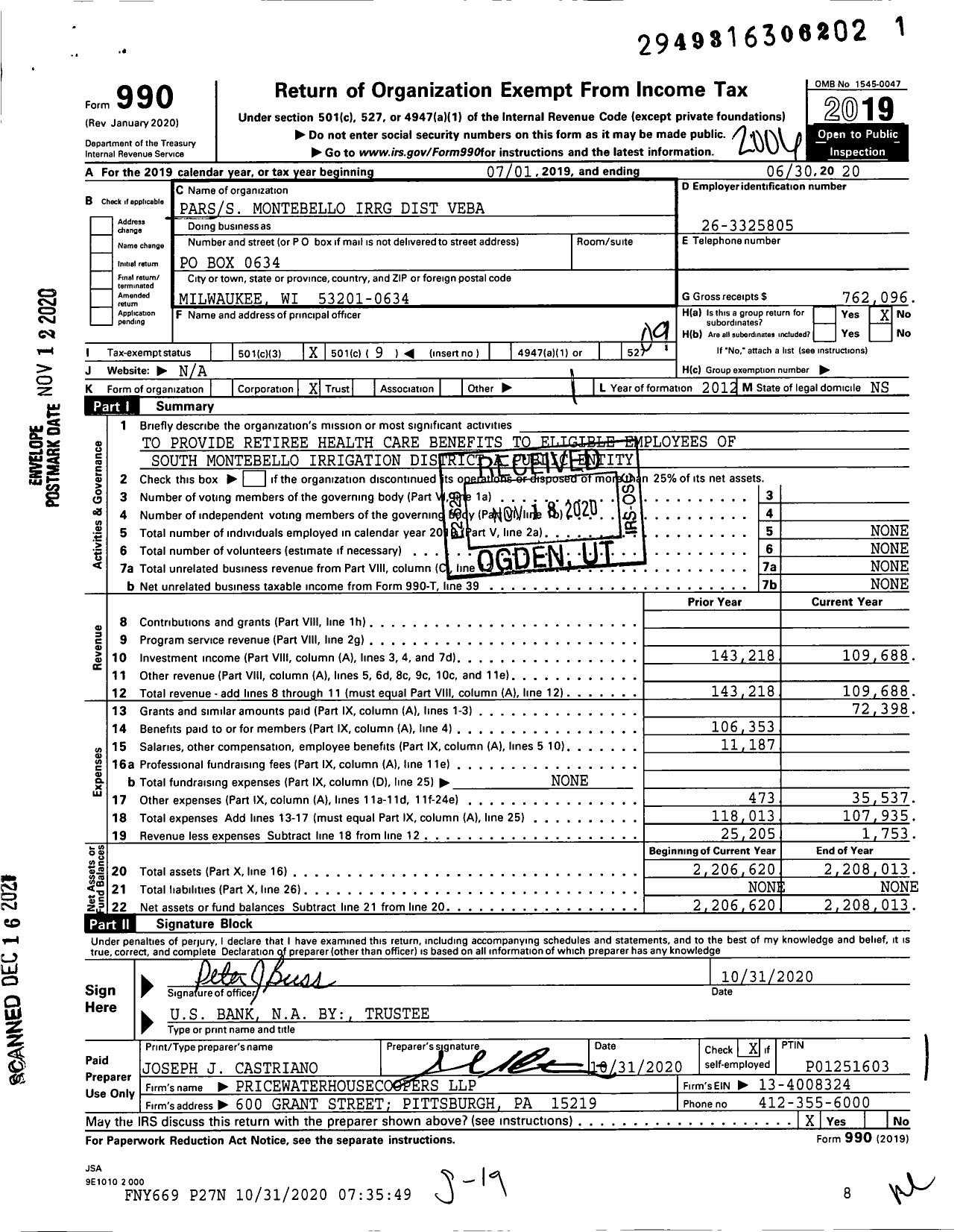 Image of first page of 2019 Form 990O for Parss Montebello Irrg District Veba