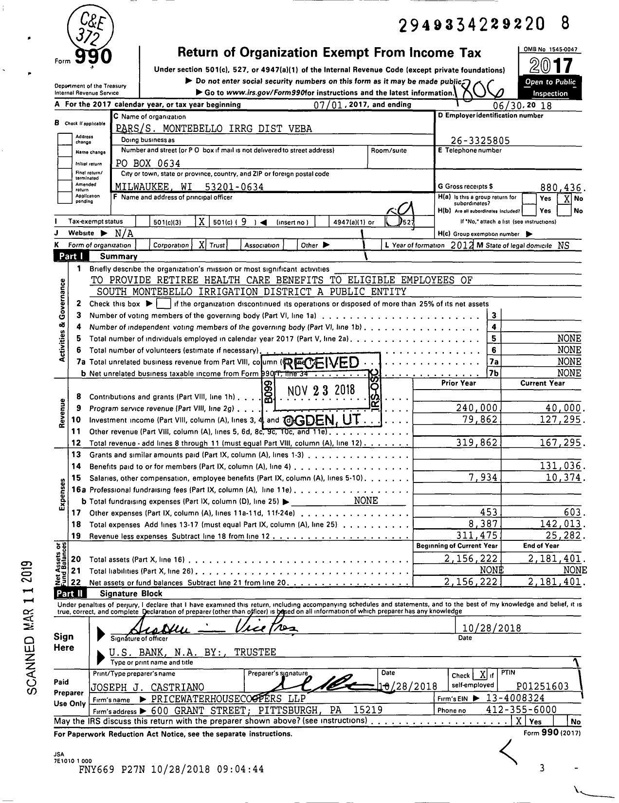 Image of first page of 2017 Form 990O for Parss Montebello Irrg District Veba