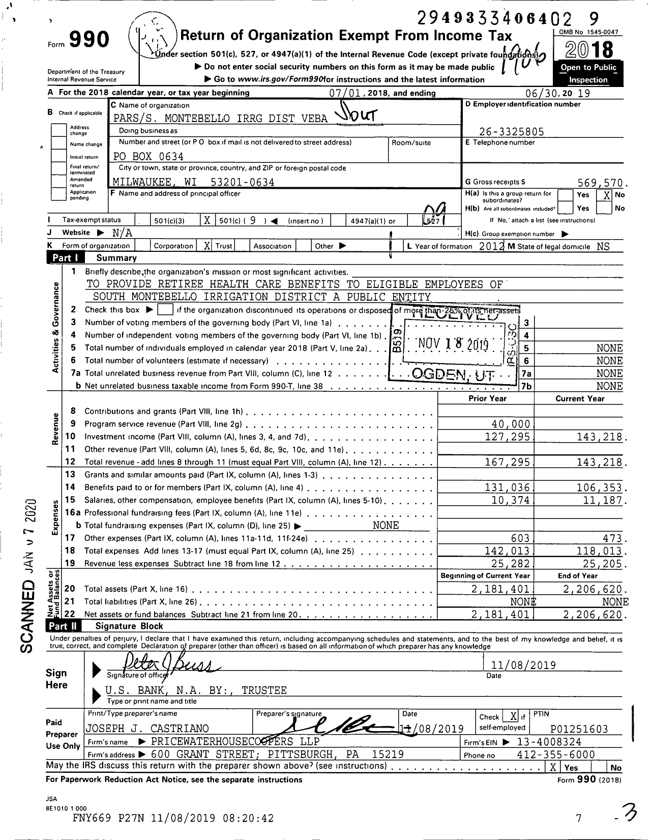 Image of first page of 2018 Form 990O for Parss Montebello Irrg District Veba