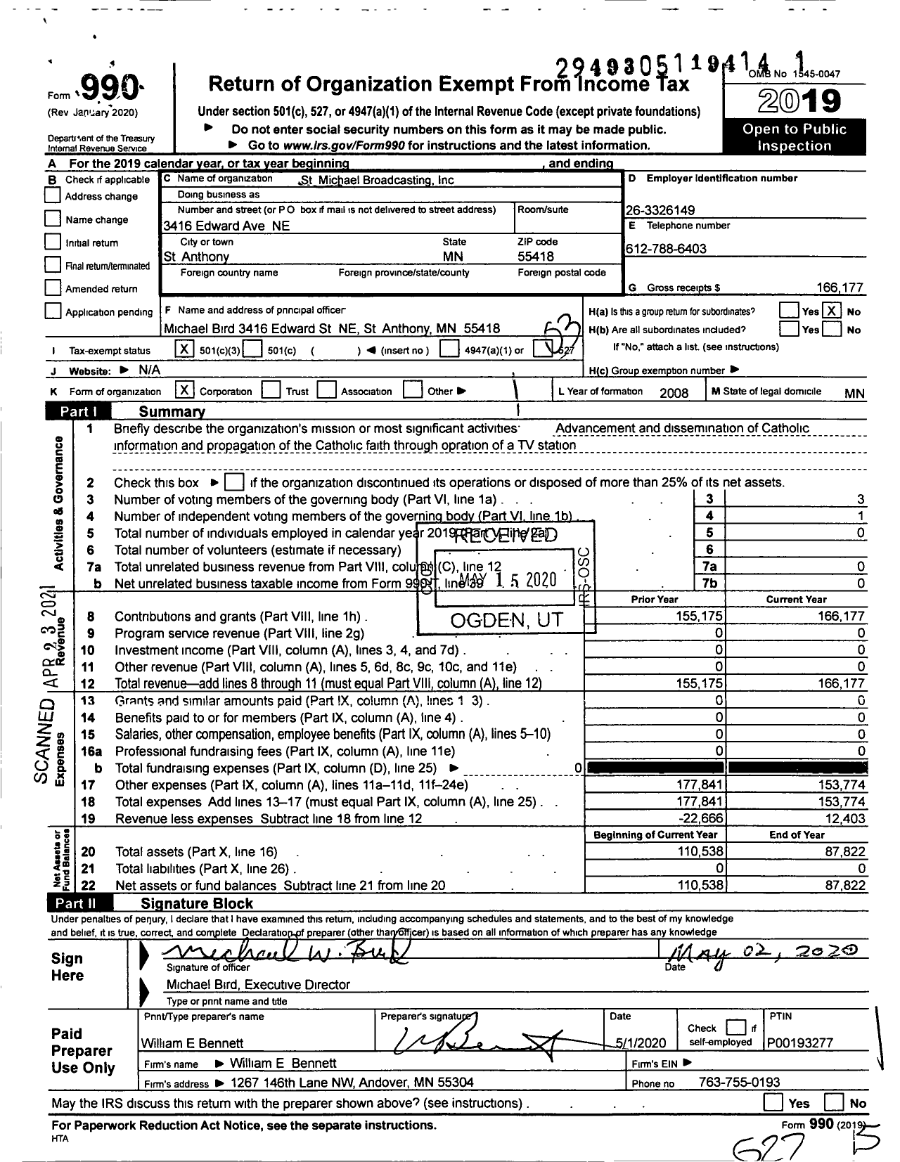 Image of first page of 2019 Form 990 for St Michael Broadcasting