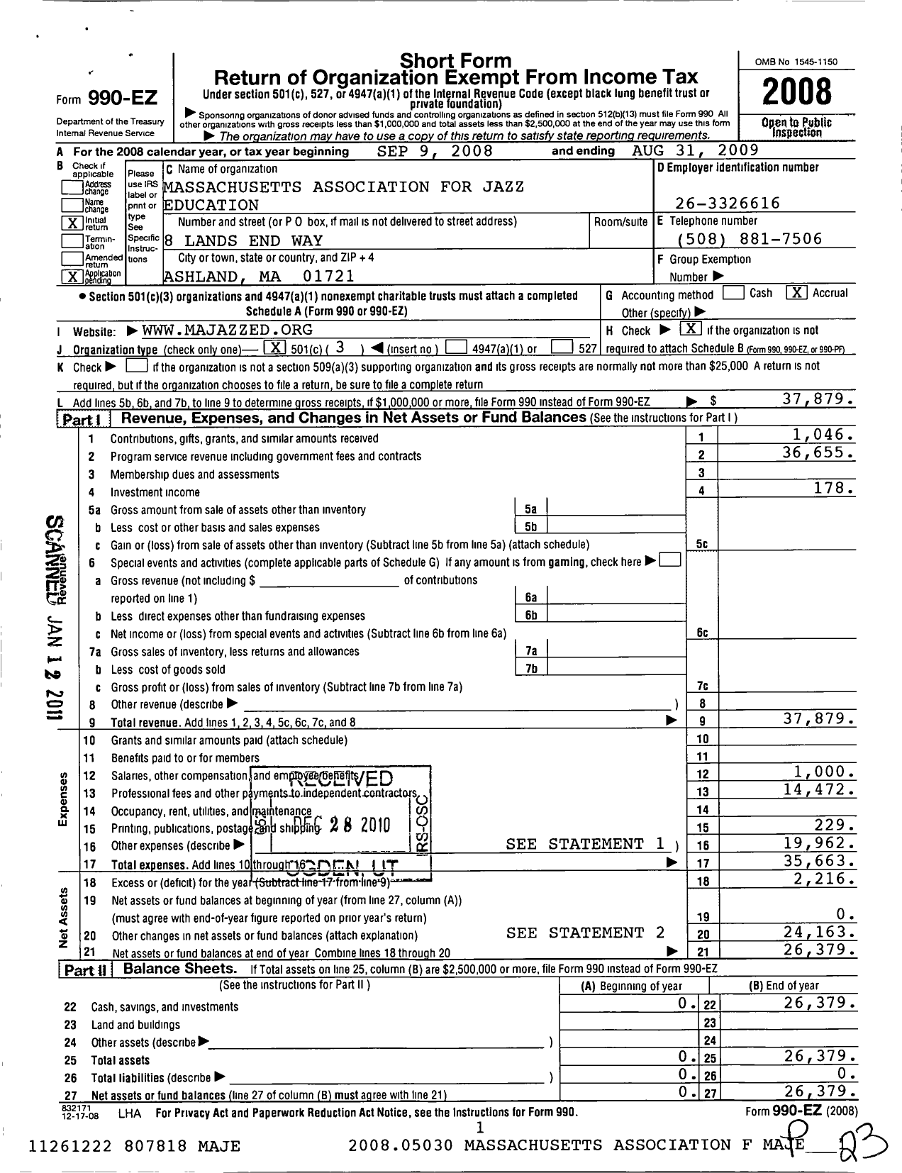 Image of first page of 2008 Form 990EZ for Massachusetts Association for Jazz Education