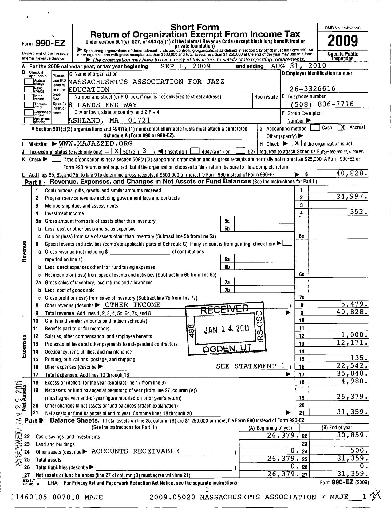 Image of first page of 2009 Form 990EZ for Massachusetts Association for Jazz Education